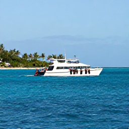 Caribbean Holidays, June Scuba Diving, A dive boat setting out from a palm-fringed coastline in Saint Kitts on a sunny June morning