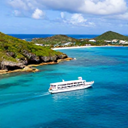 Caribbean Holidays, June Scuba Diving, A dive boat travelling across calm turquoise water beside the rocky coastline and sandy bays of Saint Barth&eacute;lemy