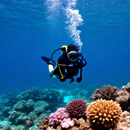 Caribbean Holidays, June Scuba Diving, A diver descending through clear turquoise Caribbean water above a colourful coral reef in bright June sunshine