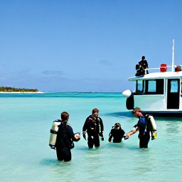 Caribbean Holidays, June Scuba Diving, A professional dive boat with scuba divers preparing equipment beside a sunny tropical island in the Turks and Caicos Islands