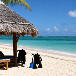 Caribbean Holidays, June Scuba Diving, A relaxed Caribbean beach beside clear water with dive equipment drying near a palm-shaded hotel terrace