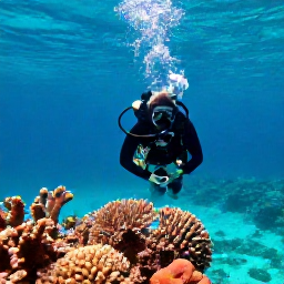 Caribbean Holidays, June Scuba Diving, A scuba diver descending through clear turquoise water above a colourful coral reef in the Turks and Caicos Islands during June