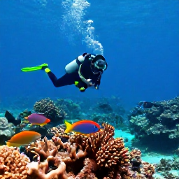 Caribbean Holidays, June Scuba Diving, A scuba diver exploring a clear tropical reef near Saint Barth&eacute;lemy in June, with colourful fish, coral and sunlight filtering through blue water