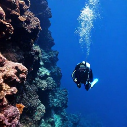 Caribbean Holidays, June Scuba Diving, A scuba diver swimming beside a dramatic volcanic underwater wall near Saint Vincent