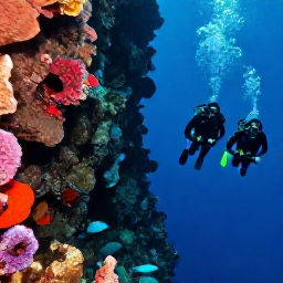 Caribbean Holidays, June Scuba Diving, Divers descending beside a dramatic Caribbean wall with bright sponges and reef fish near Grand Cayman