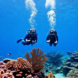 Caribbean Holidays, June Scuba Diving, Divers exploring a shallow coral garden with tropical fish, sea fans and clear blue water near Providenciales