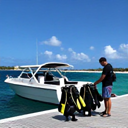 Caribbean Holidays, June Scuba Diving, Friendly Caribbean dive guide preparing scuba equipment beside a boat in a sunny island marina