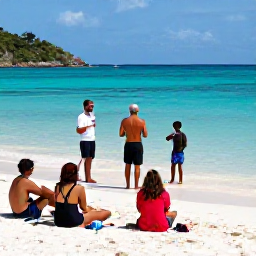 Caribbean Holidays, June Scuba Diving, Friendly professional dive instructor briefing holidaymakers beside a tropical beach in the British Virgin Islands