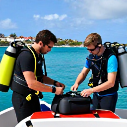 Caribbean Holidays, June Scuba Diving, Friendly scuba divers preparing equipment on a boat in Gustavia harbour, Saint Barth&eacute;lemy, under bright Caribbean sunshine