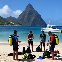 Caribbean Holidays, June Scuba Diving, Friendly scuba diving group preparing equipment beside a boat in a sheltered bay on Saint Lucia