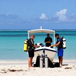 Caribbean Holidays, June Scuba Diving, Friendly scuba diving instructors preparing tanks and masks beside a small boat on a Dominican Republic beach