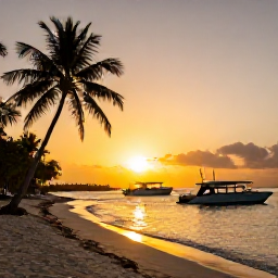 Caribbean Holidays, June Scuba Diving, Palm-fringed Cayman Islands beach at sunset with dive boats resting offshore