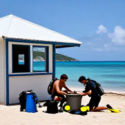 Caribbean Holidays, June Scuba Diving, Relaxed scuba divers rinsing equipment beside a small dive centre on a sunny US Virgin Islands beach
