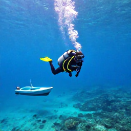 Caribbean Holidays, June Scuba Diving, Scuba diver ascending in clear tropical water with sunlight above, followed by a small boat near Saint Lucia&rsquo;s green coastline