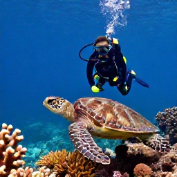 Caribbean Holidays, June Scuba Diving, Scuba diver observing a sea turtle above a Caribbean coral reef near Saint Martin and Sint Maarten
