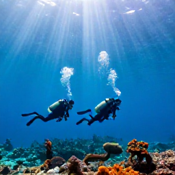 Caribbean Holidays, June Scuba Diving, Scuba divers descending beside a bright reef near Punta Cana, with sunbeams filtering through blue water