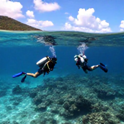 Caribbean Holidays, June Scuba Diving, Scuba divers exploring a clear Caribbean reef near St Thomas in bright June sunshine