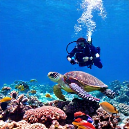 Caribbean Holidays, June Scuba Diving, Sea turtles and tropical fish over a bright coral reef in the Tobago Cays