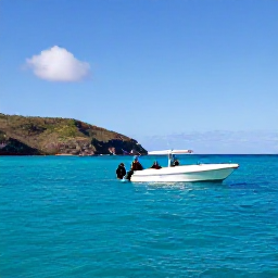 Caribbean Holidays, June Scuba Diving, Small dive boat anchored beside a quiet tropical island with divers preparing to enter the sea in the British Virgin Islands