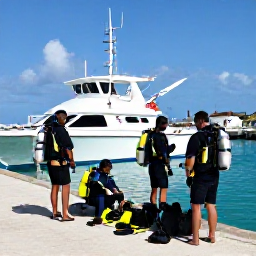 Caribbean Holidays, June Scuba Diving, Small group of scuba divers preparing equipment beside a boat at a sunny Cayman Islands marina