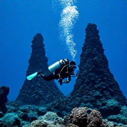 Caribbean Holidays, June Scuba Diving, Underwater view of a diver approaching the dramatic volcanic reef and pinnacles of Soufriere, Saint Lucia