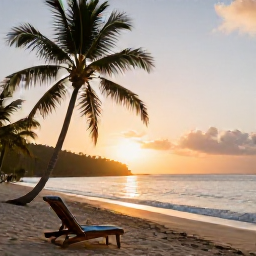 Caribbean Holidays, June Solo Holidays, A peaceful Caribbean beach at sunset on Saint Vincent and the Grenadines, one beach chair, palm trees, gentle waves and warm evening light