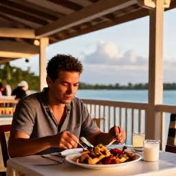 Caribbean Holidays, June Solo Holidays, A solo traveller dining at an outdoor table in a relaxed Providenciales restaurant, Caribbean seafood and warm evening light