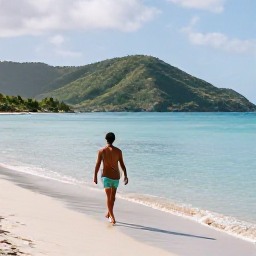 Caribbean Holidays, June Solo Holidays, A solo traveller walking along a quiet tropical beach on Saint Vincent, with calm turquoise water, green hills and soft June sunshine