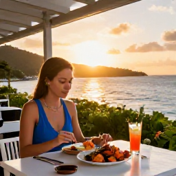 Caribbean Holidays, June Solo Holidays, Friendly Caribbean restaurant terrace at sunset in the British Virgin Islands, solo diner enjoying fresh seafood and a cool drink