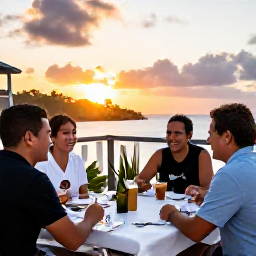 Caribbean Holidays, June Solo Holidays, Friendly solo travellers sharing a table at a casual Caribbean restaurant in Saint Martin at sunset