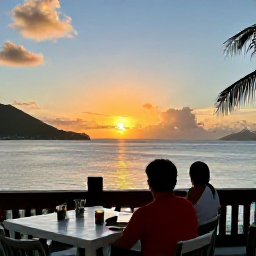 Caribbean Holidays, June Solo Holidays, Solo traveller enjoying a Caribbean sunset from a waterfront restaurant in the United States Virgin Islands