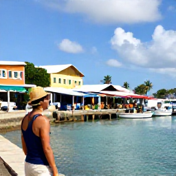 Caribbean Holidays, June Solo Holidays, Solo traveller exploring colourful Tortola streets and a lively Caribbean harbour with local shops and boats
