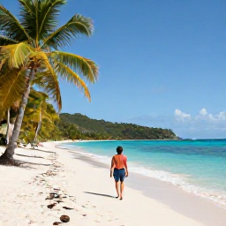 Caribbean Holidays, June Solo Holidays, Solo traveller walking along a quiet Caribbean beach in the United States Virgin Islands in June, bright sea and palm trees