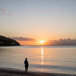 Caribbean Holidays, June Solo Holidays, Sunset over a quiet Caribbean bay on Saint Martin and Sint Maarten, with a lone traveller looking across the water
