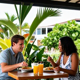 Caribbean Holidays, June Spa Breaks, A couple enjoying a healthy Caribbean lunch and fresh juice at an open-air restaurant in Saint Kitts, surrounded by tropical greenery