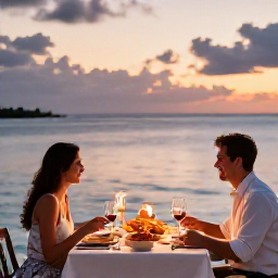 Caribbean Holidays, June Spa Breaks, A couple enjoying a relaxed al fresco dinner beside the sea in Turks and Caicos at sunset, with fresh seafood and soft lantern light