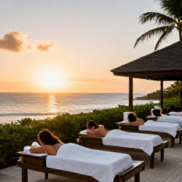 Caribbean Holidays, June Spa Breaks, A peaceful sunset over the Caribbean from a Saint Kitts and Nevis resort terrace, with spa guests relaxing after a day of treatments