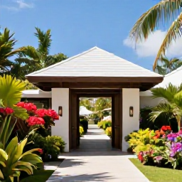 Caribbean Holidays, June Spa Breaks, A peaceful tropical resort garden in Turks and Caicos with a spa entrance, flowering plants, palm trees and bright June sunshine