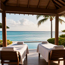 Caribbean Holidays, June Spa Breaks, A tranquil luxury spa overlooking a turquoise Caribbean sea in Turks and Caicos, with treatment rooms, palm trees and soft morning light