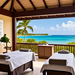 Caribbean Holidays, June Spa Breaks, A tranquil luxury spa overlooking the Caribbean Sea on Saint Kitts, with treatment rooms, tropical greenery and a relaxed June atmosphere
