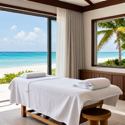 Caribbean Holidays, June Spa Breaks, An elegant beachfront spa treatment room in Providenciales, Turks and Caicos, with natural materials, white linen and views of the ocean