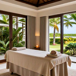 Caribbean Holidays, June Spa Breaks, An elegant spa treatment room in a Saint Kitts resort, with natural textures, soft towels, candles and views of lush tropical gardens