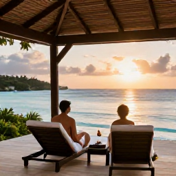 Caribbean Holidays, June Spa Breaks, Couple enjoying a peaceful spa holiday in Antigua, sitting on a shaded terrace overlooking the Caribbean sea at sunset