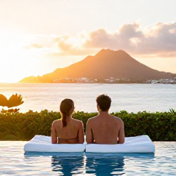 Caribbean Holidays, June Spa Breaks, Couple enjoying a peaceful spa holiday on Saint Martin, overlooking the Caribbean at golden hour