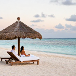 Caribbean Holidays, June Spa Breaks, Couple relaxing on a quiet Caribbean beach after a spa treatment, with white sand, turquoise water, shaded loungers and a soft evening sky