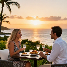 Caribbean Holidays, June Spa Breaks, Elegant Caribbean resort at sunset, with a couple enjoying a healthy dinner on a terrace overlooking the sea