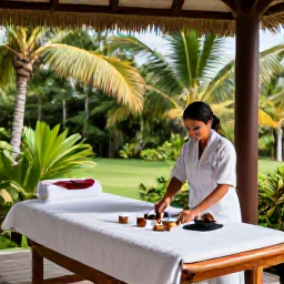 Caribbean Holidays, June Spa Breaks, Open-air Caribbean spa overlooking a tropical garden, with a therapist preparing oils, soft towels and natural wooden furnishings