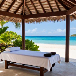 Caribbean Holidays, June Spa Breaks, Open-air Caribbean spa pavilion overlooking a quiet white-sand beach in Antigua, with treatment beds, greenery and ocean views
