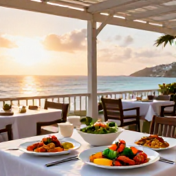 Caribbean Holidays, June Spa Breaks, Outdoor dining terrace in Saint Martin at sunset, serving fresh seafood and colourful Caribbean dishes