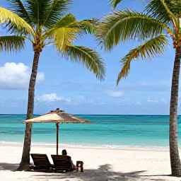 Caribbean Holidays, June Spa Breaks, Quiet sandy beach near Grand Case in June, with turquoise water, palm trees and a person relaxing under a parasol